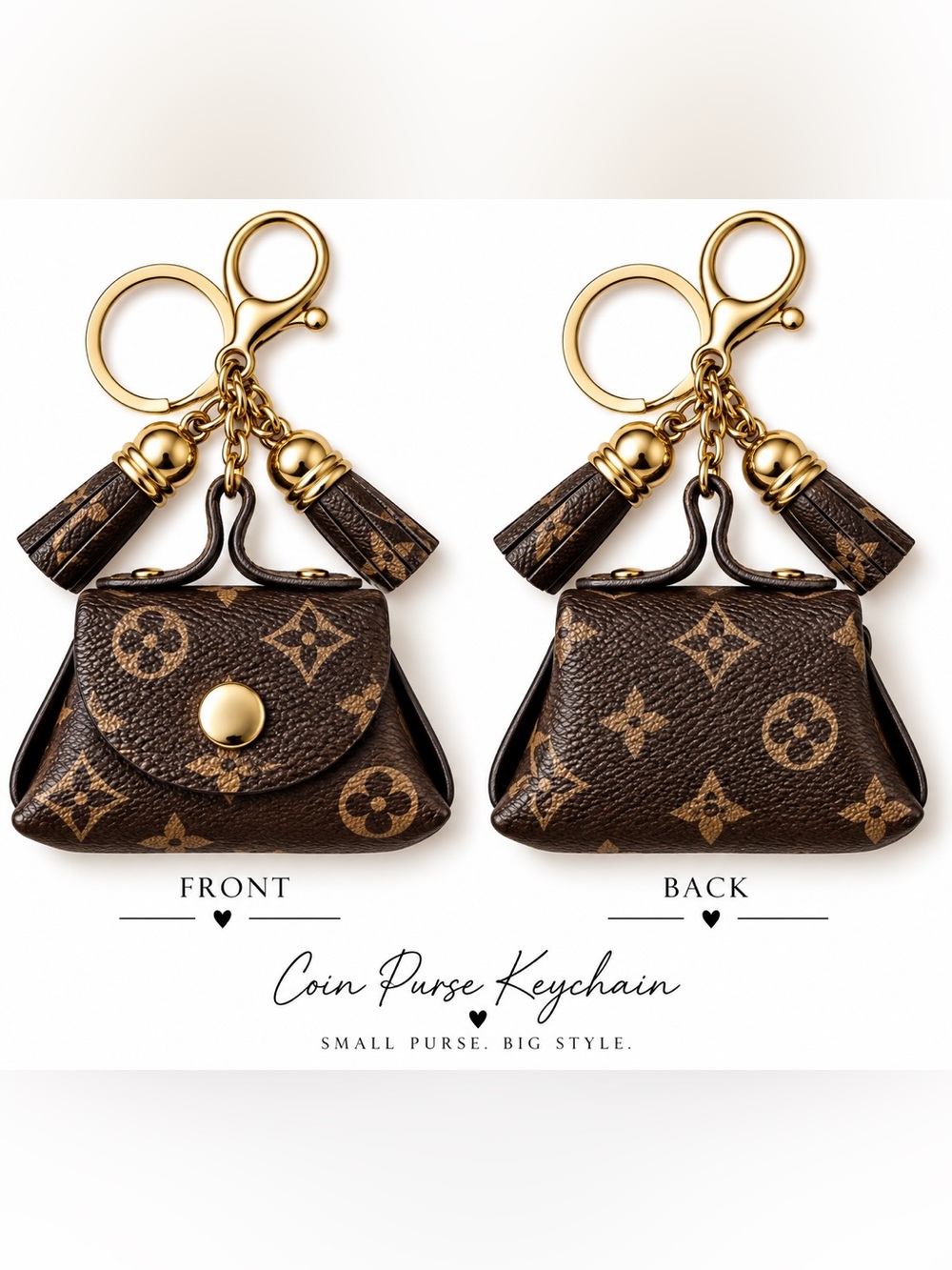 Inspired Brown Monogram Coin Purse Keychain with Gold Hardware